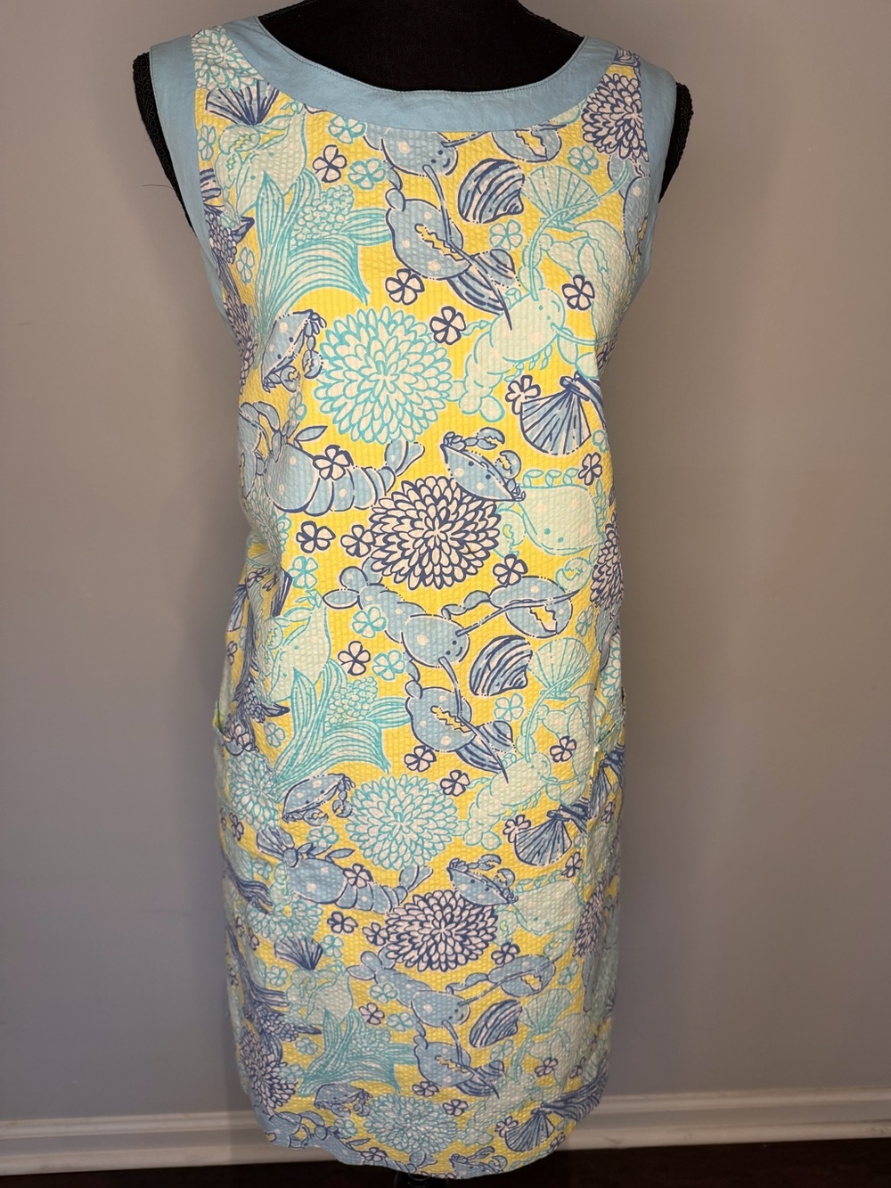 Vintage Lilly Pulitzer Yellow Seersucker Lobster & Crab Shift Dress - Size 12